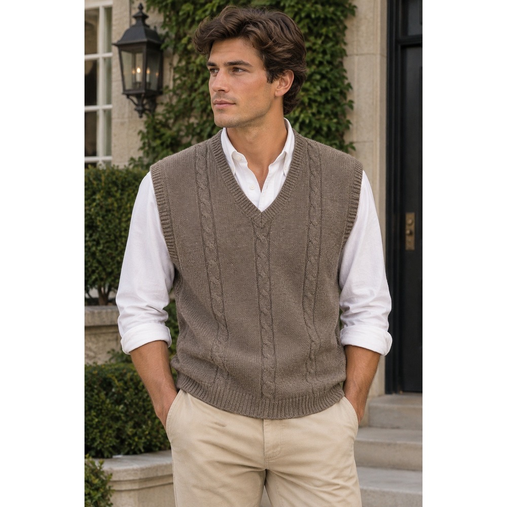 Vintage Mens Sweater Vest XL Tan Cable Knit Preppy Heritage Old Money Academia